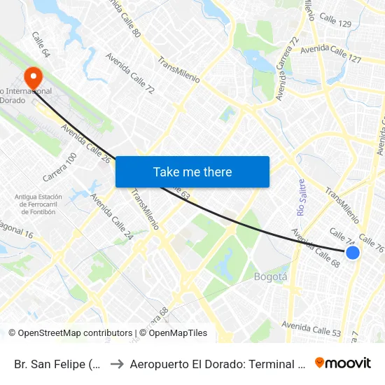 Br. San Felipe (Ac 72 - Kr 17) to Aeropuerto El Dorado: Terminal Nacional Costado Norte map