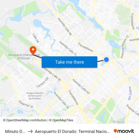 Minuto De Dios to Aeropuerto El Dorado: Terminal Nacional Costado Norte map