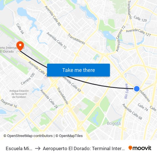 Escuela Militar to Aeropuerto El Dorado: Terminal Internacional map