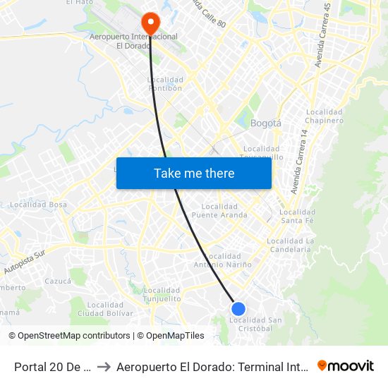 Portal 20 De Julio to Aeropuerto El Dorado: Terminal Internacional map