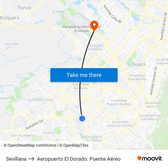 Sevillana to Aeropuerto El Dorado: Puente Aéreo map