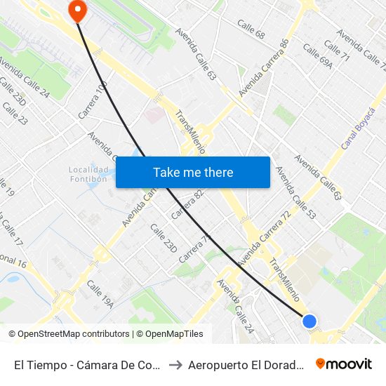 El Tiempo - Cámara De Comercio De Bogotá to Aeropuerto El Dorado: Puente Aéreo map