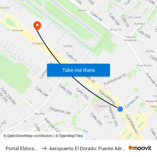 Portal Eldorado to Aeropuerto El Dorado: Puente Aéreo map