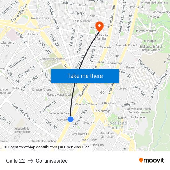 Calle 22 to Corunivesitec map