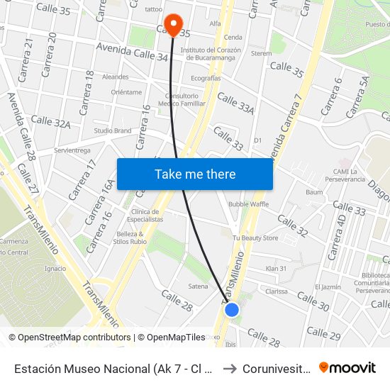 Estación Museo Nacional (Ak 7 - Cl 29) to Corunivesitec map