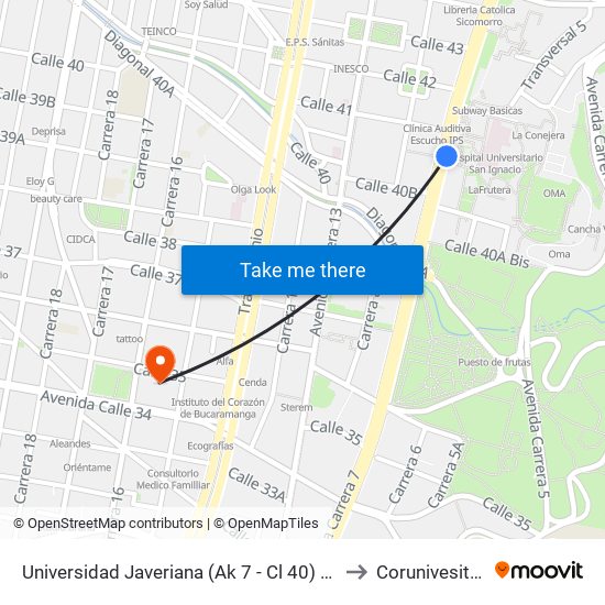 Universidad Javeriana (Ak 7 - Cl 40) (B) to Corunivesitec map