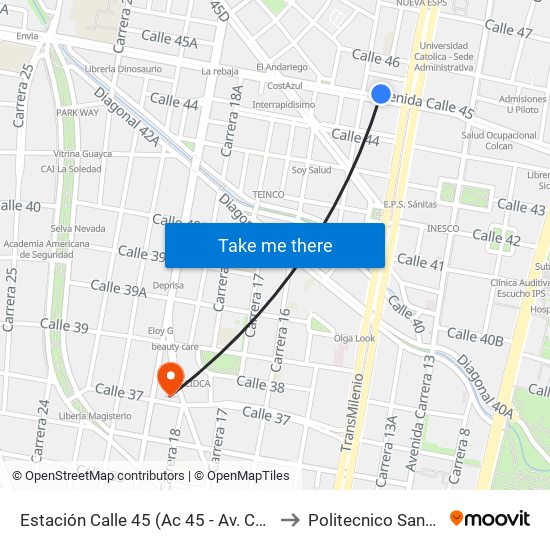 Estación Calle 45 (Ac 45 - Av. Caracas) to Politecnico Santa Fe map