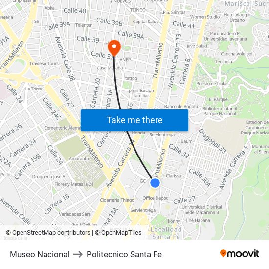 Museo Nacional to Politecnico Santa Fe map