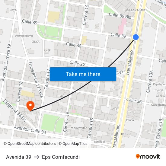 Avenida 39 to Eps Comfacundi map