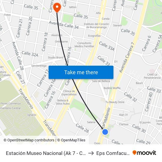 Estación Museo Nacional (Ak 7 - Cl 29) to Eps Comfacundi map