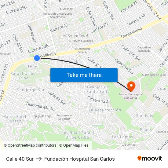 Calle 40 Sur to Fundación Hospital San Carlos map