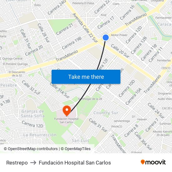 Restrepo to Fundación Hospital San Carlos map