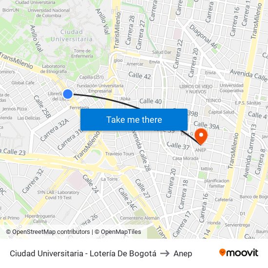 Ciudad Universitaria - Lotería De Bogotá to Anep map
