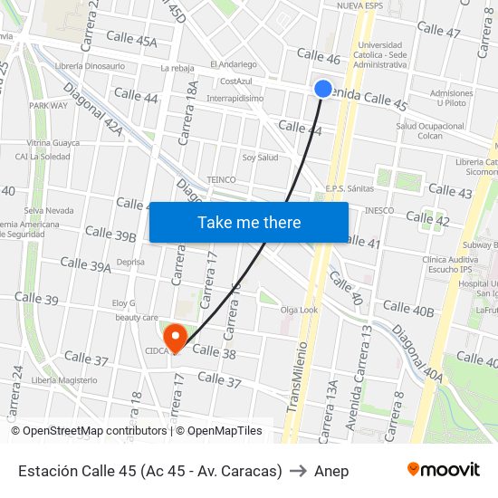 Estación Calle 45 (Ac 45 - Av. Caracas) to Anep map