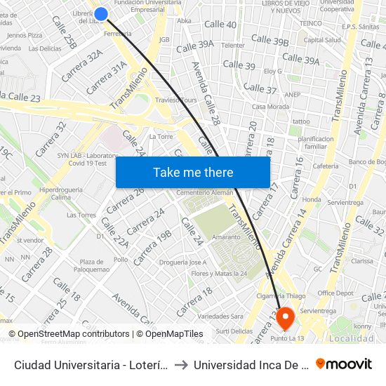 Ciudad Universitaria - Lotería De Bogotá to Universidad Inca De Colombia map