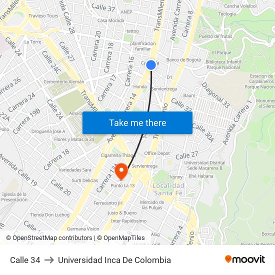 Calle 34 to Universidad Inca De Colombia map