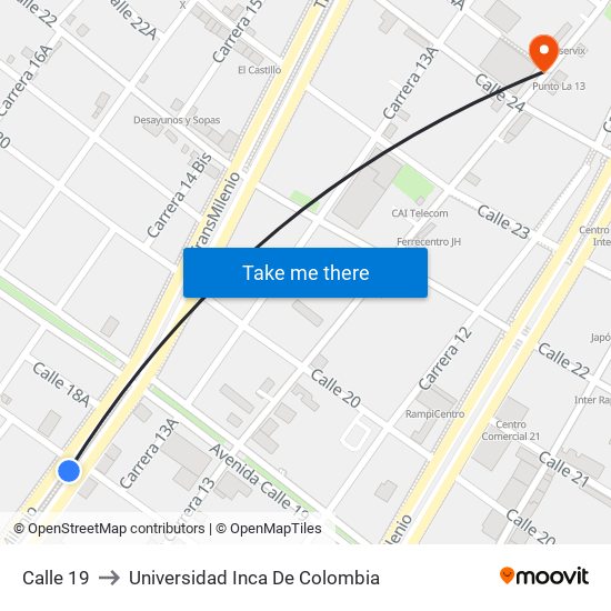 Calle 19 to Universidad Inca De Colombia map