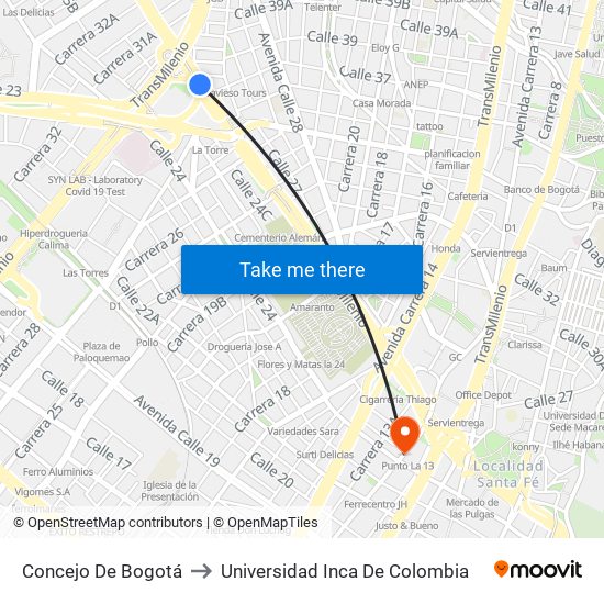 Concejo De Bogotá to Universidad Inca De Colombia map