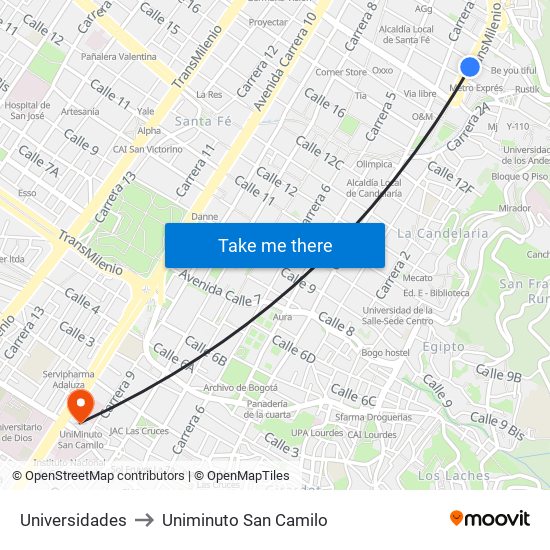 Universidades to Uniminuto San Camilo map