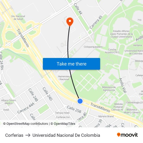 Corferias to Universidad Nacional De Colombia map