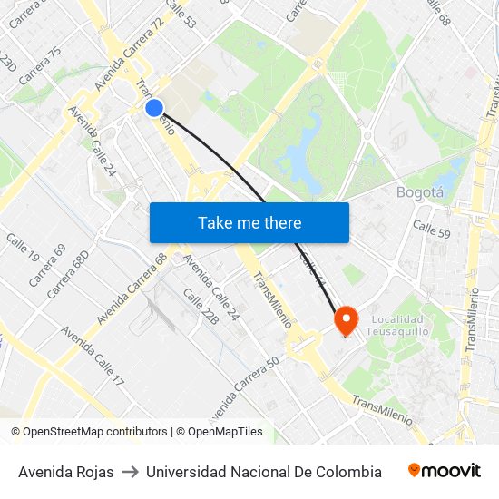 Avenida Rojas to Universidad Nacional De Colombia map