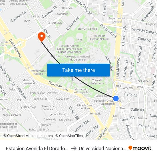 Estación Avenida El Dorado (Av. NQS - Cl 40a) to Universidad Nacional De Colombia map