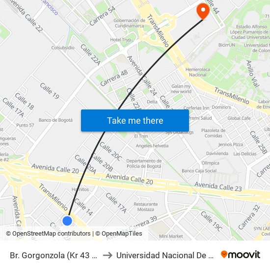 Br. Gorgonzola (Kr 43 - Cl 12b) to Universidad Nacional De Colombia map