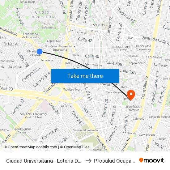 Ciudad Universitaria - Lotería De Bogotá to Prosalud Ocupacional map