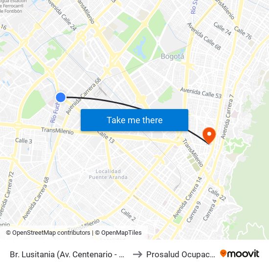 Br. Lusitania (Av. Centenario - Ak 68d) to Prosalud Ocupacional map