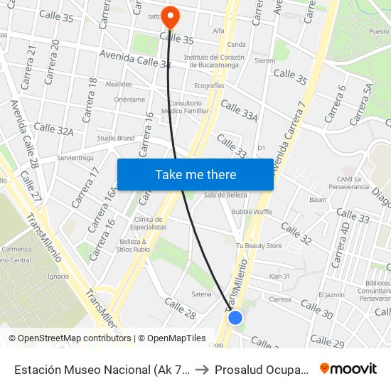 Estación Museo Nacional (Ak 7 - Cl 29) to Prosalud Ocupacional map