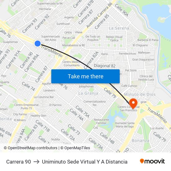 Carrera 90 to Uniminuto Sede Virtual Y A Distancia map