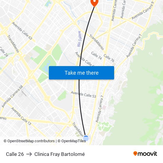 Calle 26 to Clinica Fray Bartolomé map
