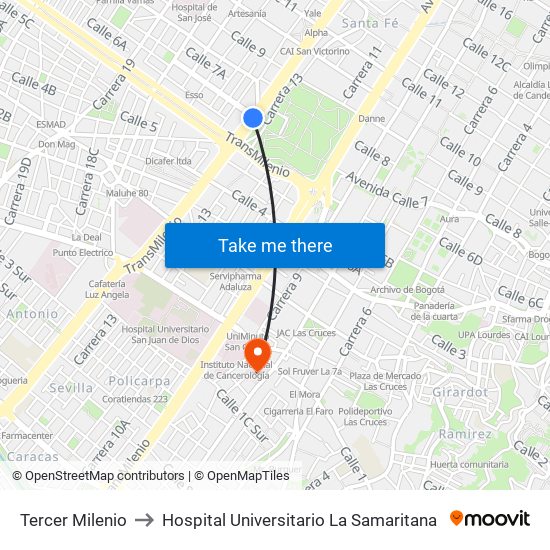 Tercer Milenio to Hospital Universitario La Samaritana map