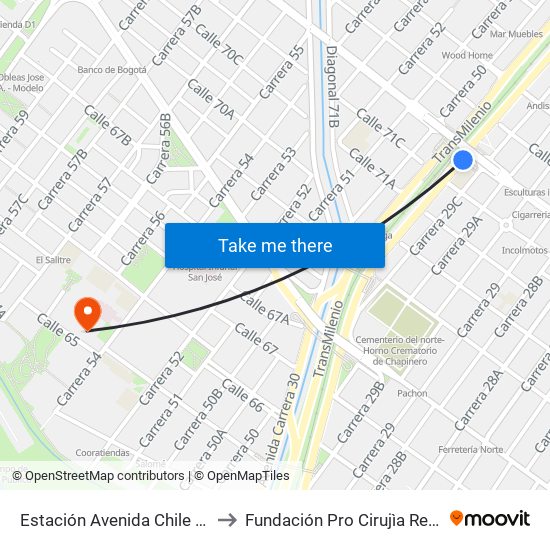 Estación Avenida Chile (Av. NQS - Cl 71c) to Fundación Pro Cirujìa Reconstructiva Cirec map