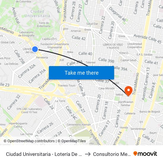 Ciudad Universitaria - Lotería De Bogotá to Consultorio Medico map