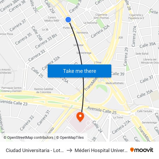 Ciudad Universitaria - Lotería De Bogotá to Méderi Hospital Universitario Mayor map