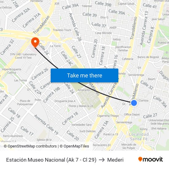 Estación Museo Nacional (Ak 7 - Cl 29) to Mederi map