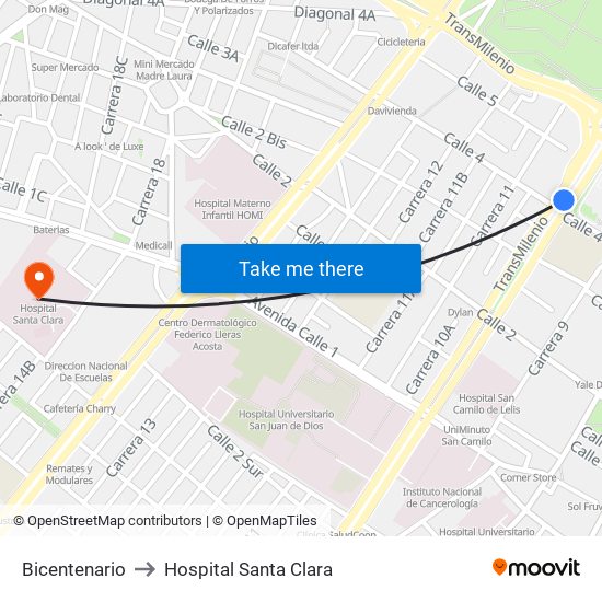 Bicentenario to Hospital Santa Clara map