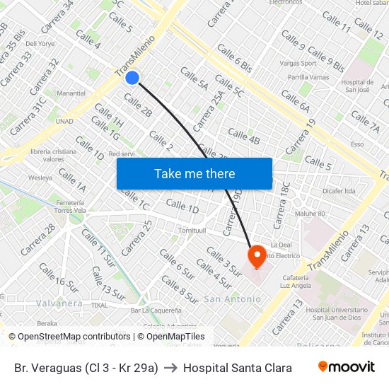 Br. Veraguas (Cl 3 - Kr 29a) to Hospital Santa Clara map