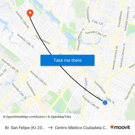 Br. San Felipe (Kr 20a - Cl 74) to Centro Médico Ciudadela Colsubsidio map