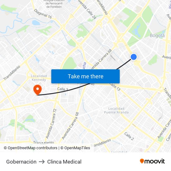 Gobernación to Clinca Medical map