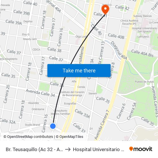 Br. Teusaquillo (Ac 32 - Av. Caracas) to Hospital Universitario San Ignacio map