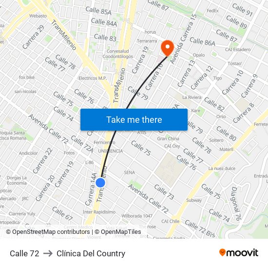 Calle 72 to Clínica Del Country map