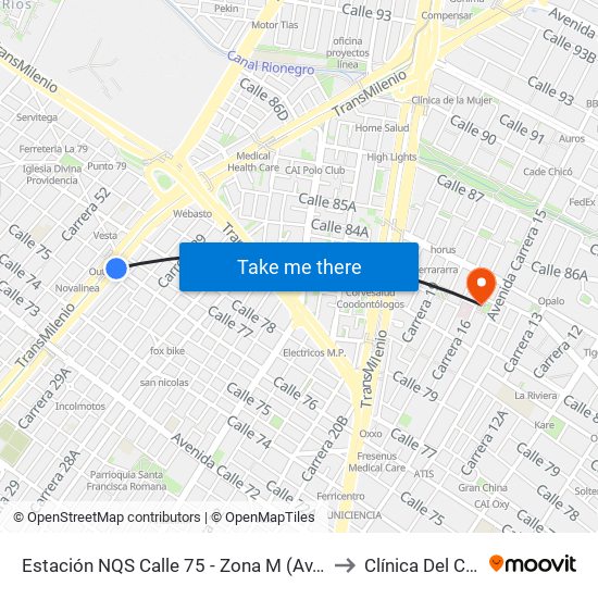Estación NQS Calle 75 - Zona M (Av. NQS - Cl 75) to Clínica Del Country map