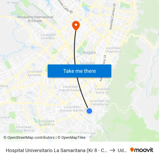 Hospital Universitario La Samaritana (Kr 8 - Cl 0 Sur) to Udca map