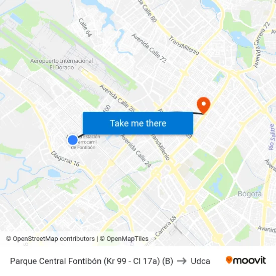 Parque Central Fontibón (Kr 99 - Cl 17a) (B) to Udca map