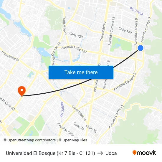 Universidad El Bosque (Kr 7 Bis - Cl 131) to Udca map