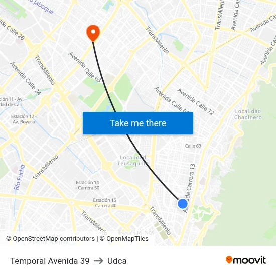 Temporal Avenida 39 to Udca map
