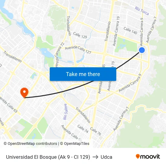 Universidad El Bosque (Ak 9 - Cl 129) to Udca map