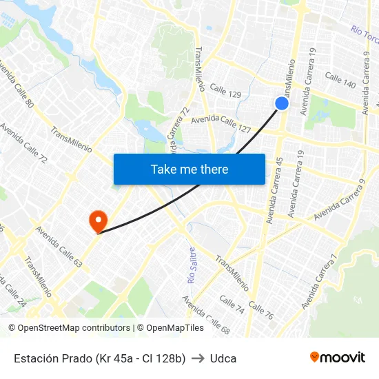Estación Prado (Kr 45a - Cl 128b) to Udca map